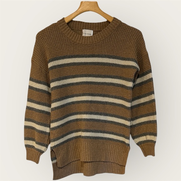 Pink Rose Brown and Gray Striped Sweater - Picture 1 of 9